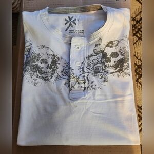 Modern Culture,          White Long Sleeve Tee with Intricate Skull Design